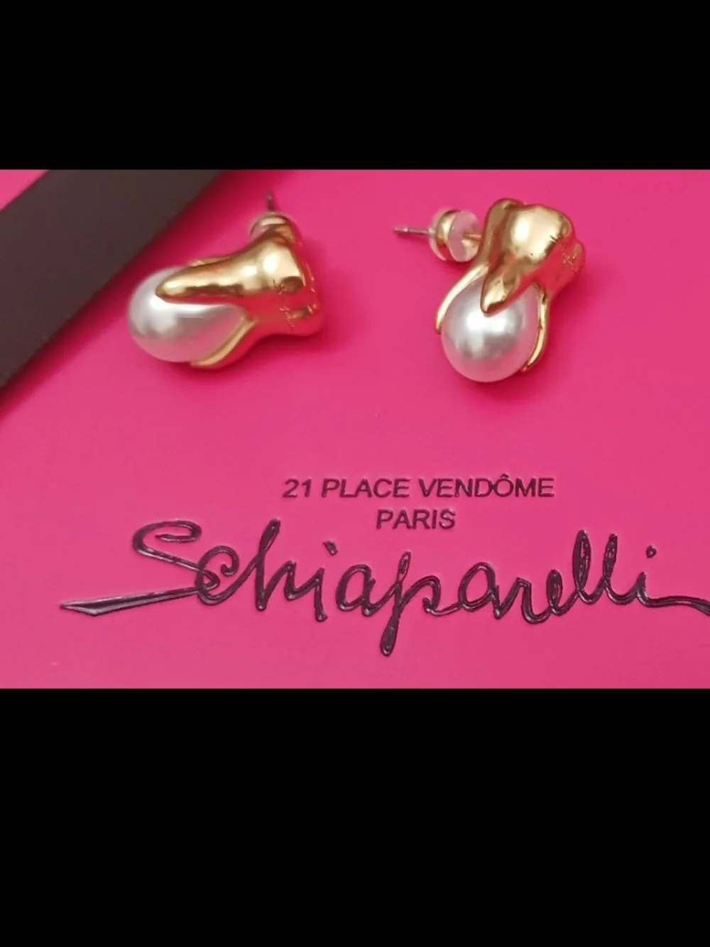 Schiaparelli Gold and White Pearl Tooth Small Drop Earrings Studs Made FRANCE - Picture 1 of 4